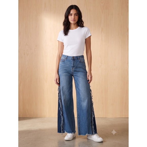 Peace Love World Denim - Peace Love World Wide Leg Jeans 0 Boho Distressed Streetwear Frayed Edgy Hippie